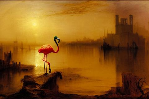 a standing zombie flamingo and a distant sunken cathedral, at dusk, by J.M.W. Turner and Ansel Adams, oil painting, detailed and beautiful, muted colors -s100 -b1 -W768 -H512 -C11.0 -mk_euler_a -S342716477